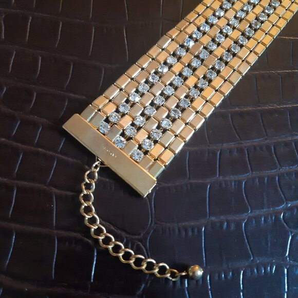 Avon Vintage Gold Tone Cuff Bracelet w/ 3 Lines of Rhinestones - Picture 6 of 9